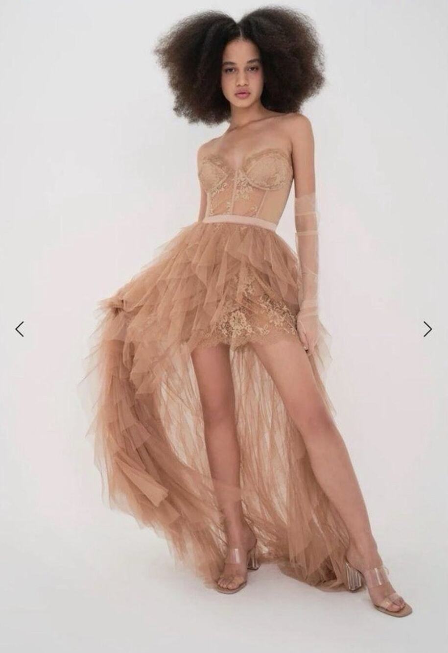 For Love And Lemons Taupe Bustier Gown Layered Tulle Overskirt Sz Xs Front Slit